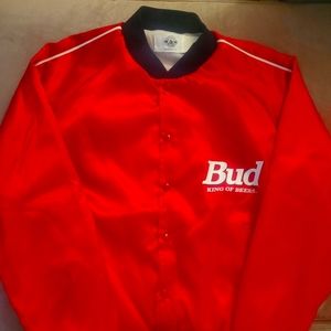 Vintage 1980s Budweiser Beer Satin Bomber Jacket w/ snaps  L/XL.